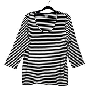 Chico's Black White Striped 3/4 Sleeve Stretch Top Blouse Rayon Blend Size 2/L